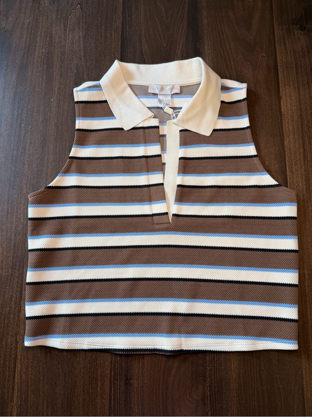 Caroline Constas Striped Sleeveless Polo Tank - Brown White Light Blue